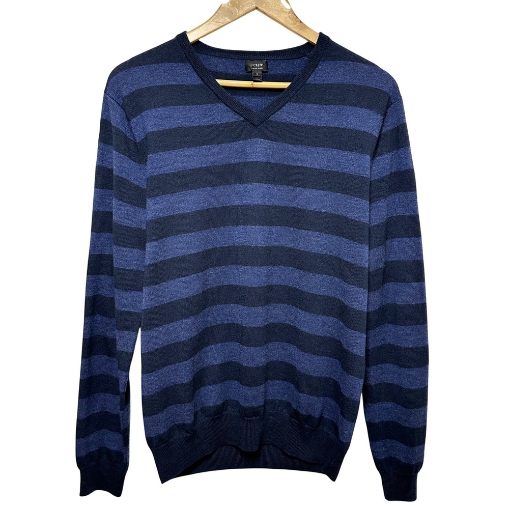 J.Crew V-Neck Sweater Mens Medium Merino Wool Blue Striped‎ Lightweight Pullover